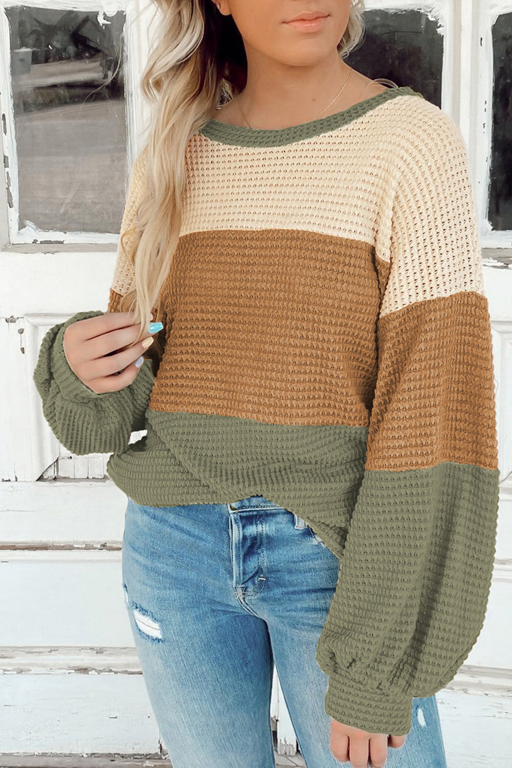 Green Waffle Knit Color Block Drop Sleeve Loose Top