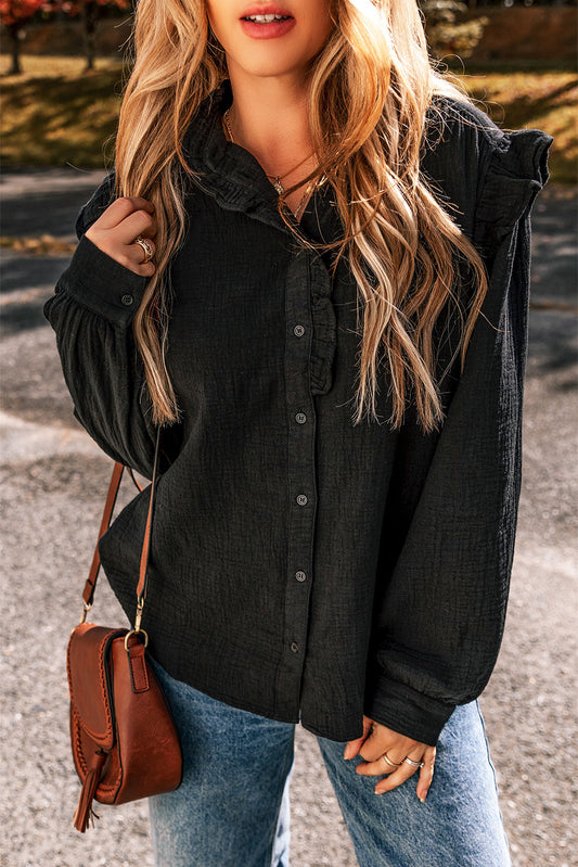 Black Crinkle Ruffle Trim Puff Sleeve Button Shirt