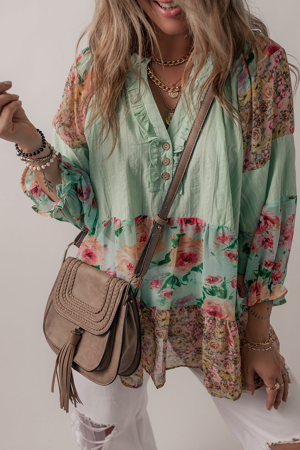 Green Floral Patchwork Frilled Split Neck Blouse