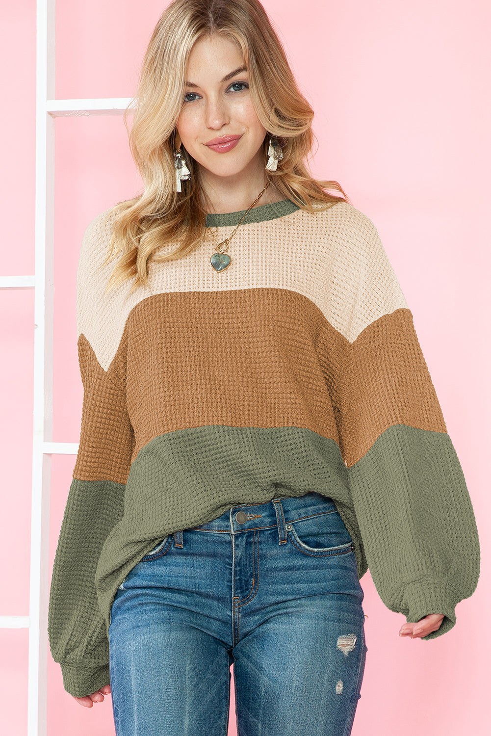 Green Waffle Knit Color Block Drop Sleeve Loose Top