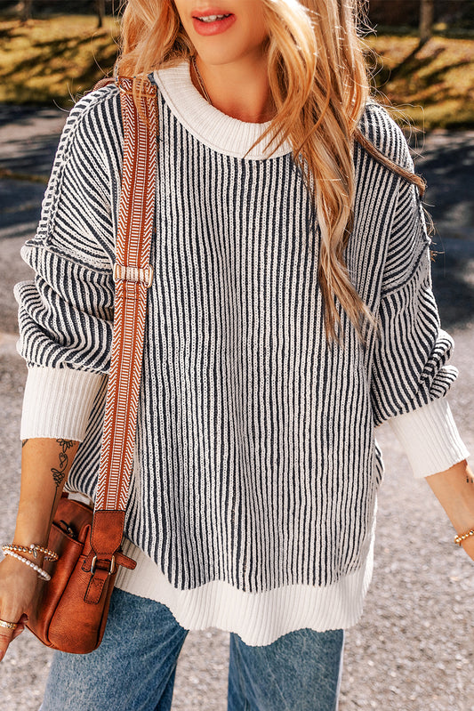 Bright Pink Striped Contrast Trim Loose Sweater