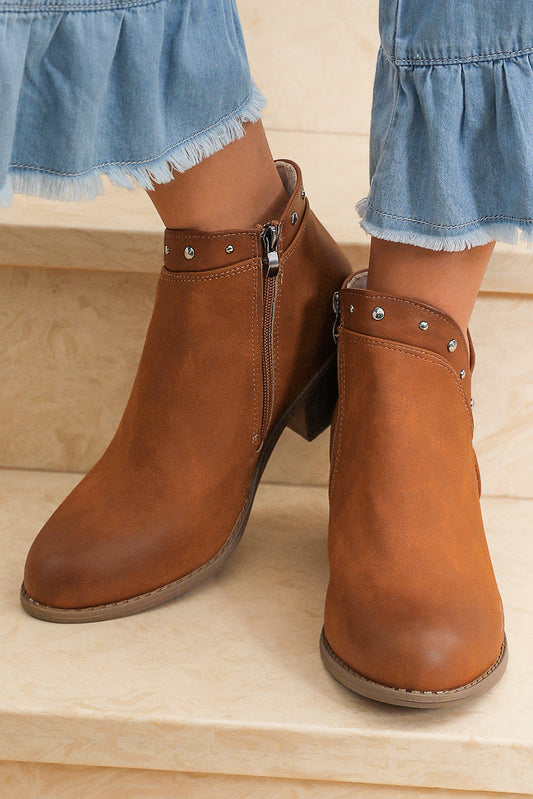 Chestnut Studded Faux Leather Chunky Heel Ankle Boots