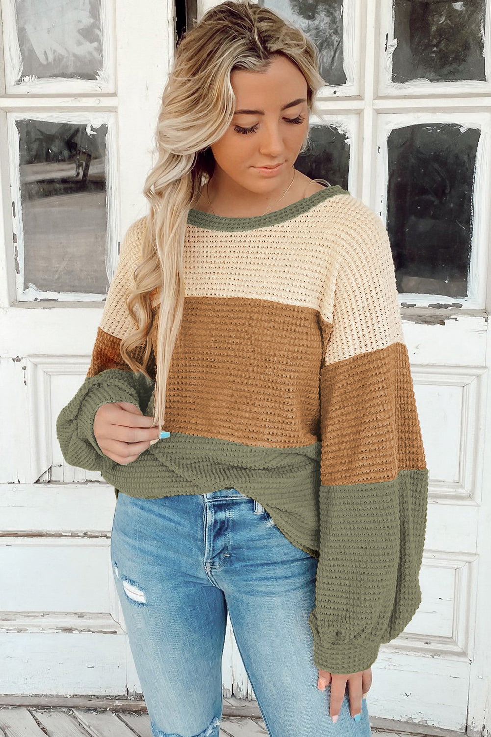 Green Waffle Knit Color Block Drop Sleeve Loose Top