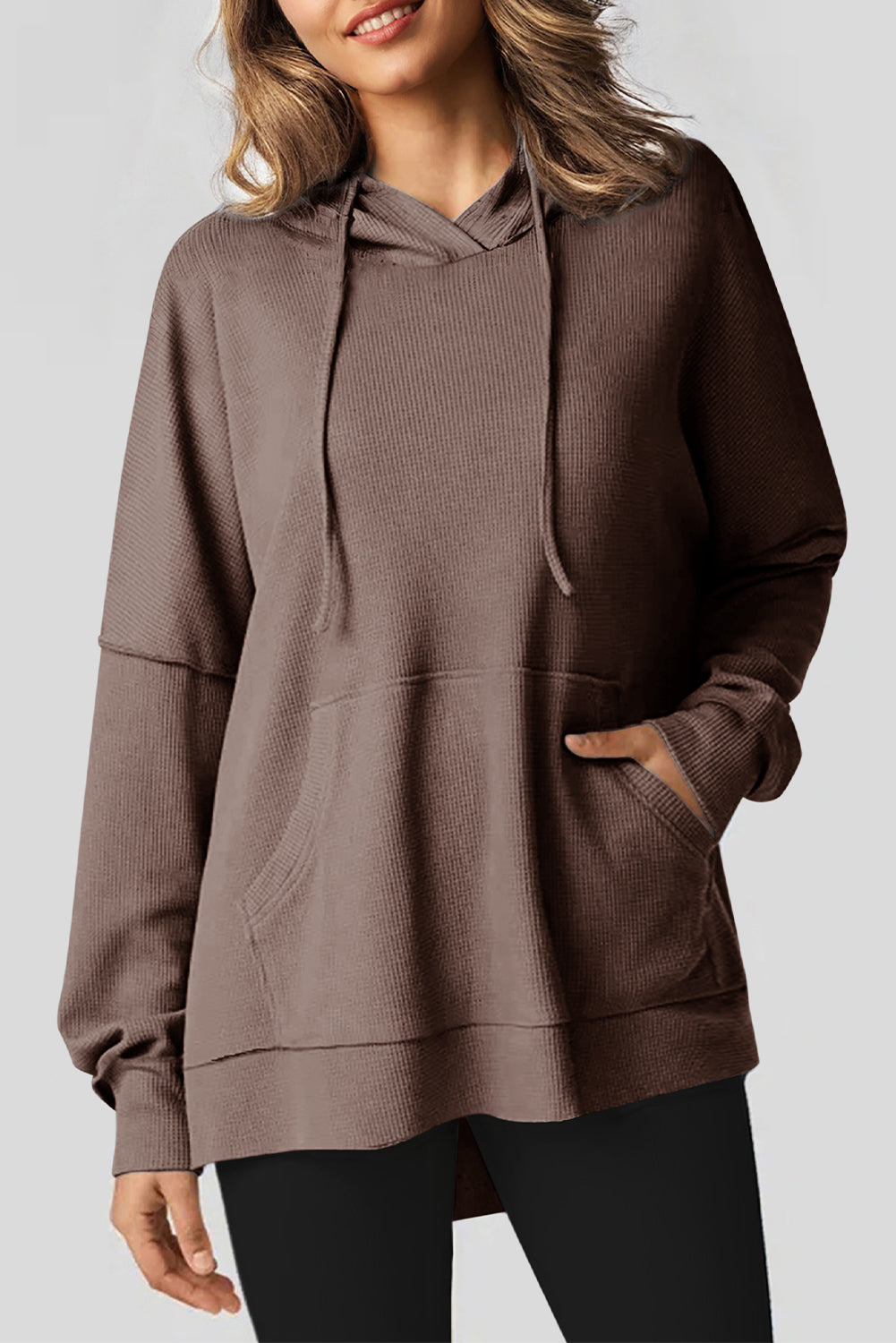 Coffee Waffle Knit High Low Oversized Hoodie