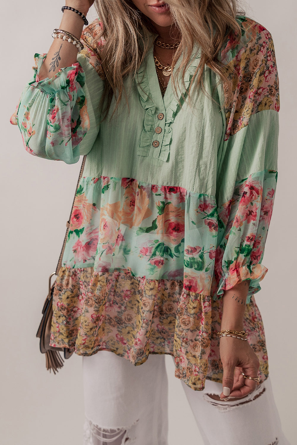 Green Floral Patchwork Frilled Split Neck Blouse