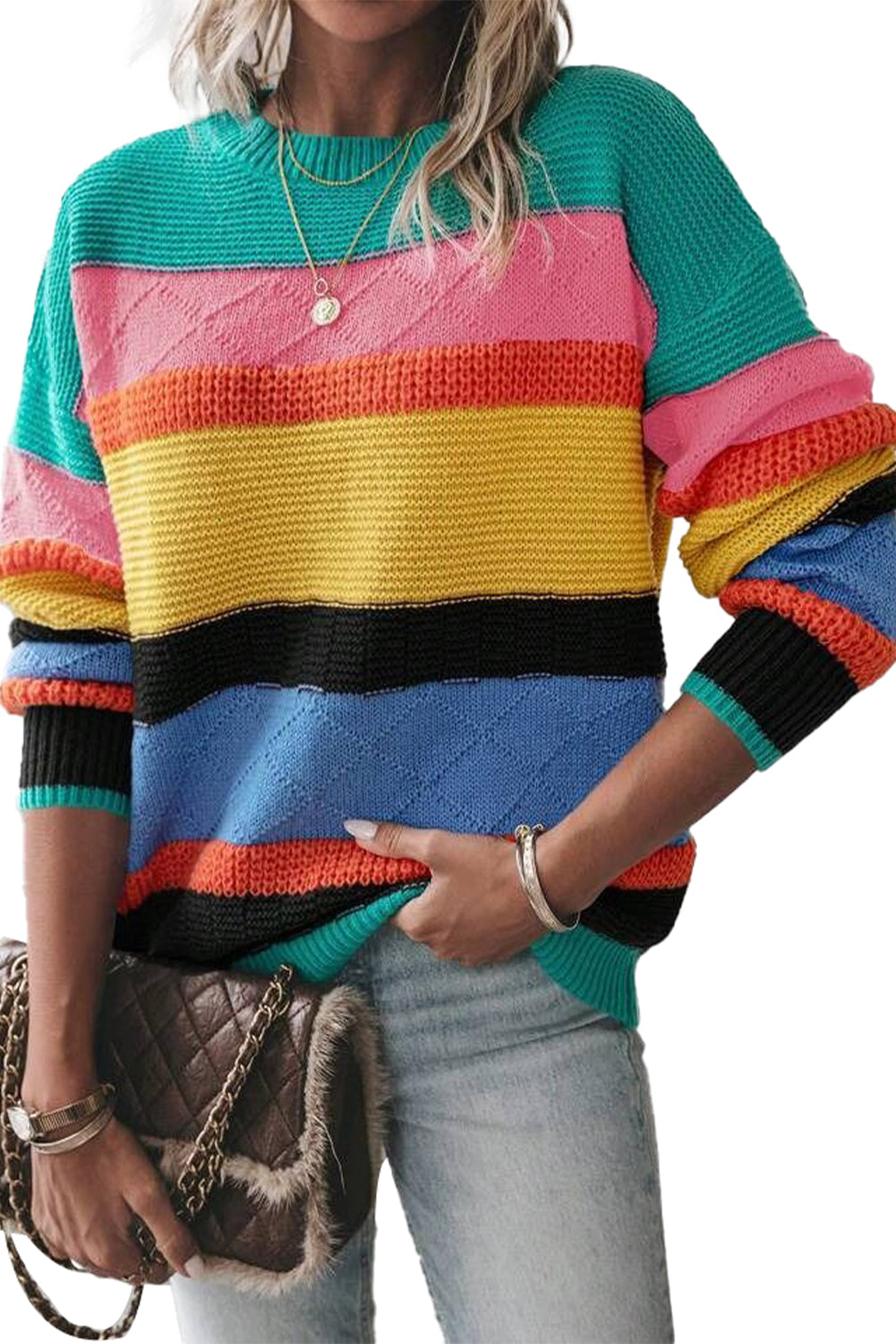 Light Blue Colorblock Drop Shoulder Crew Neck Sweater