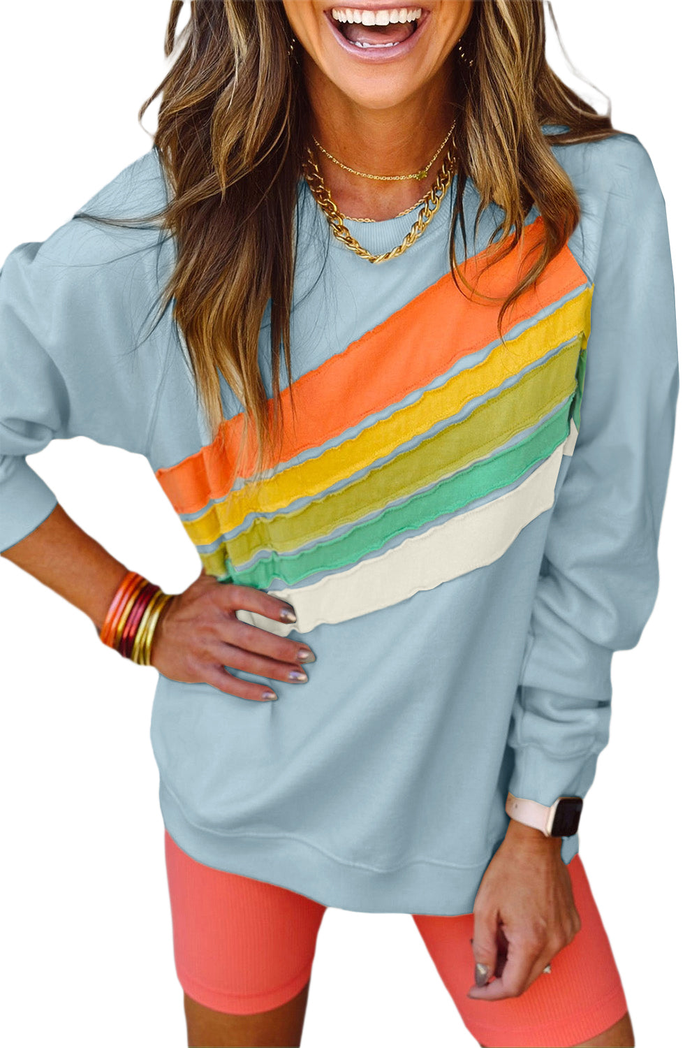 Beau Blue Rainbow Colorblock Pullover Sweatshirt