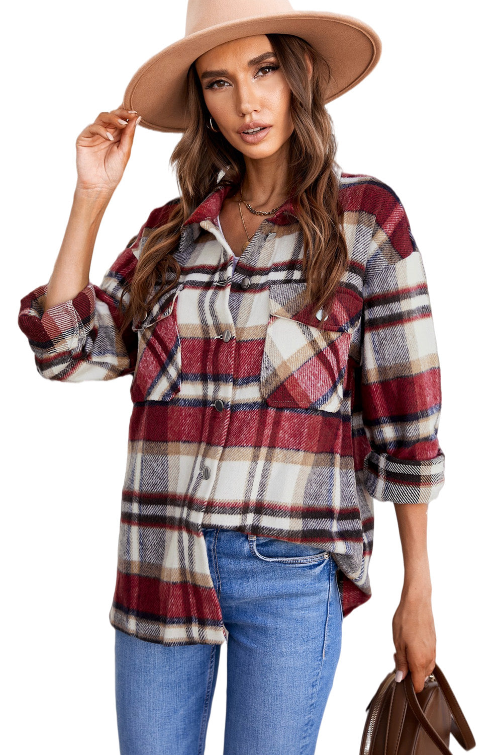 Brown Plaid Button Up Long Sleeve Flannel Shacket