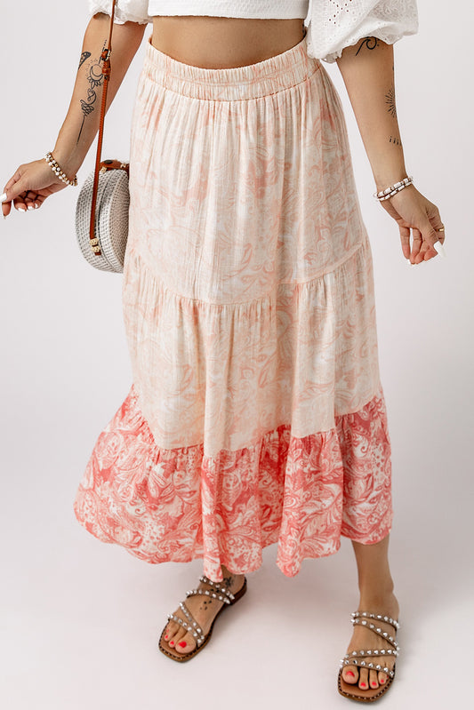 Pink Floral Print Boho Ruffle Hem Tiered Maxi Skirt