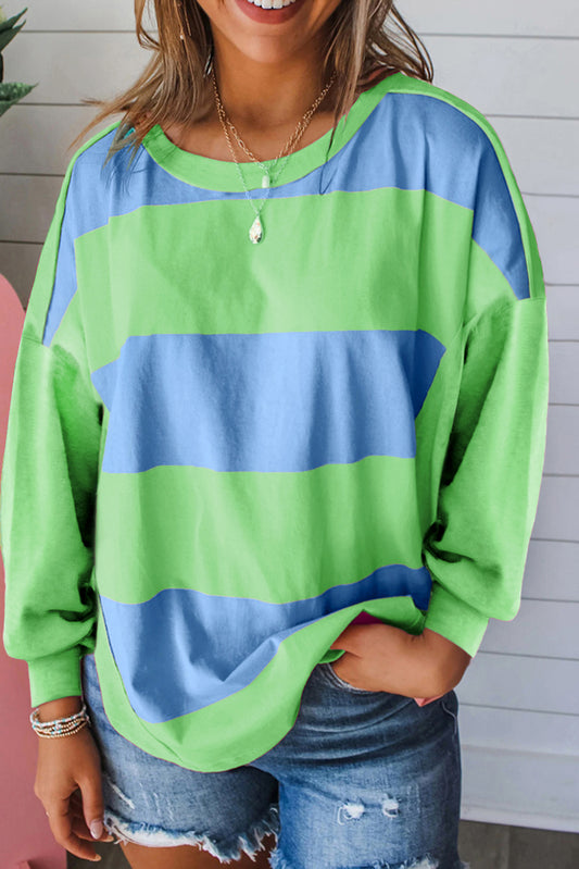 Blue Green Colorblock Drop Sleeve Round Neck Top