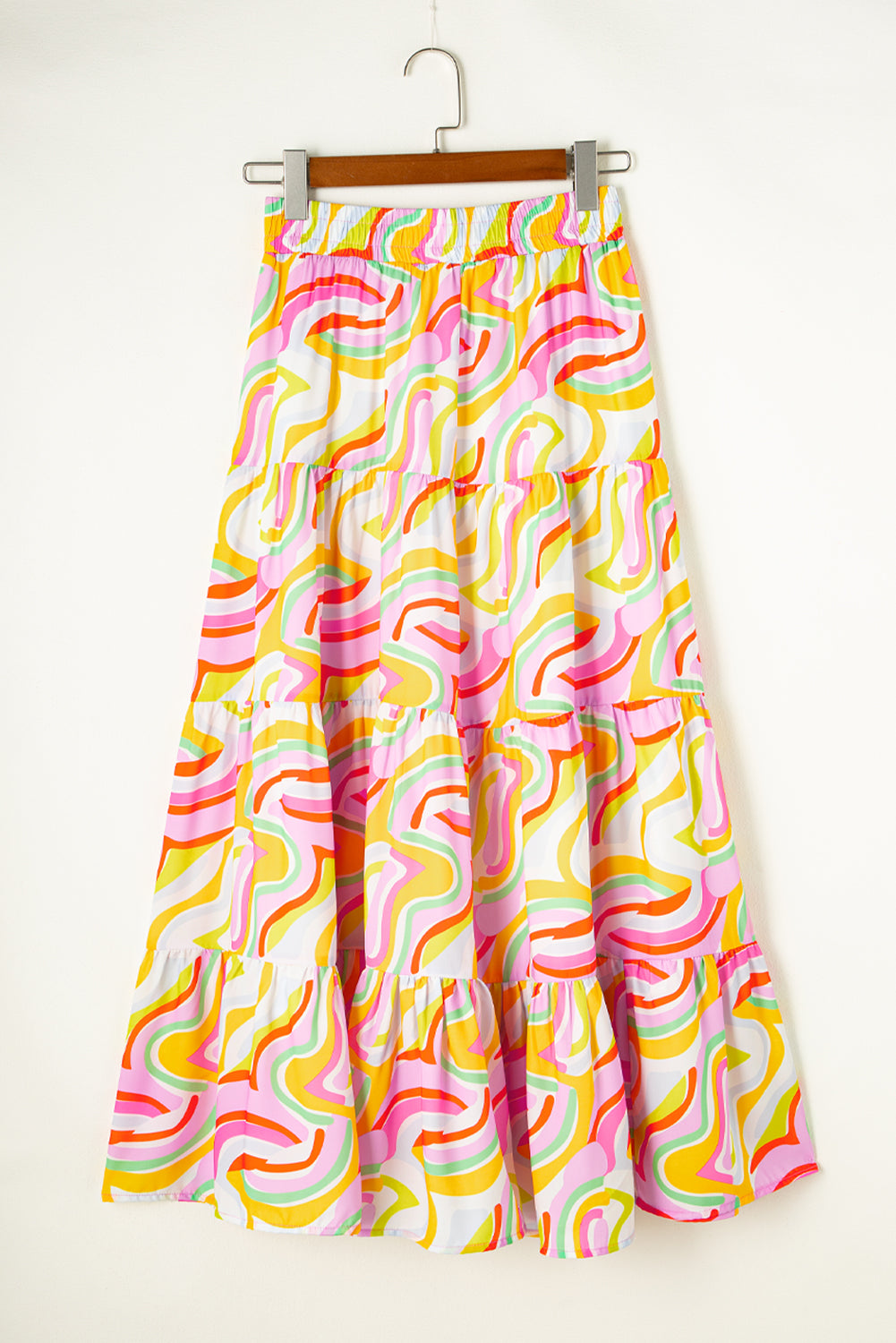 Green Bohemian Abstract Print Tiered Flare Maxi Skirt