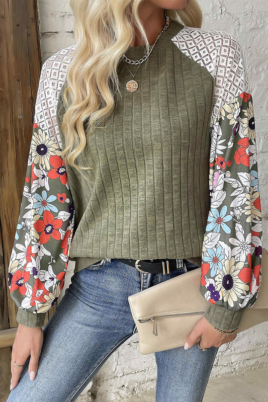 Laurel Green Floral Patchwork Raglan Sleeve Ribbed Blouse