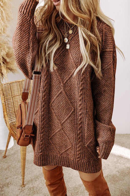 Coffee Twist Cable Knit Drop Shoulder Loose Fit Sweater Dress