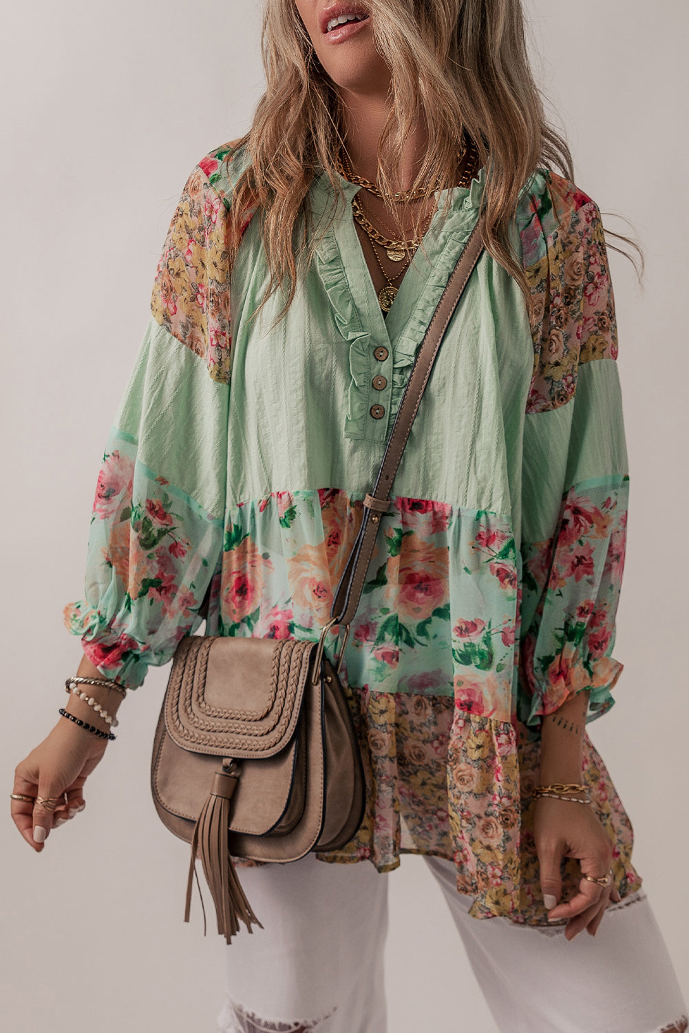 Green Floral Patchwork Frilled Split Neck Blouse