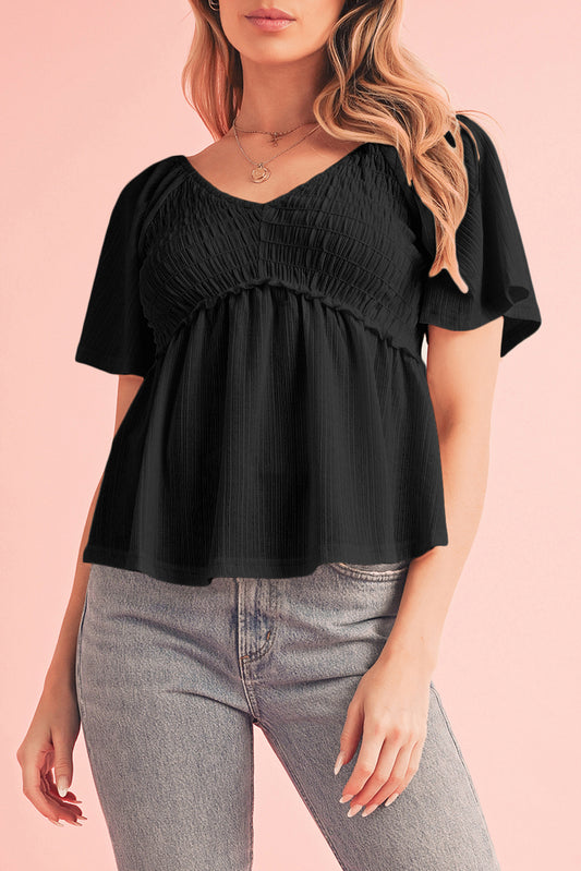 Black Shirred V Neck Short Flutter Sleeve Textured Blouse