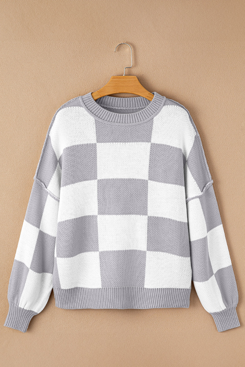 Green Checkered Bishop Sleeve Pullover Sweater