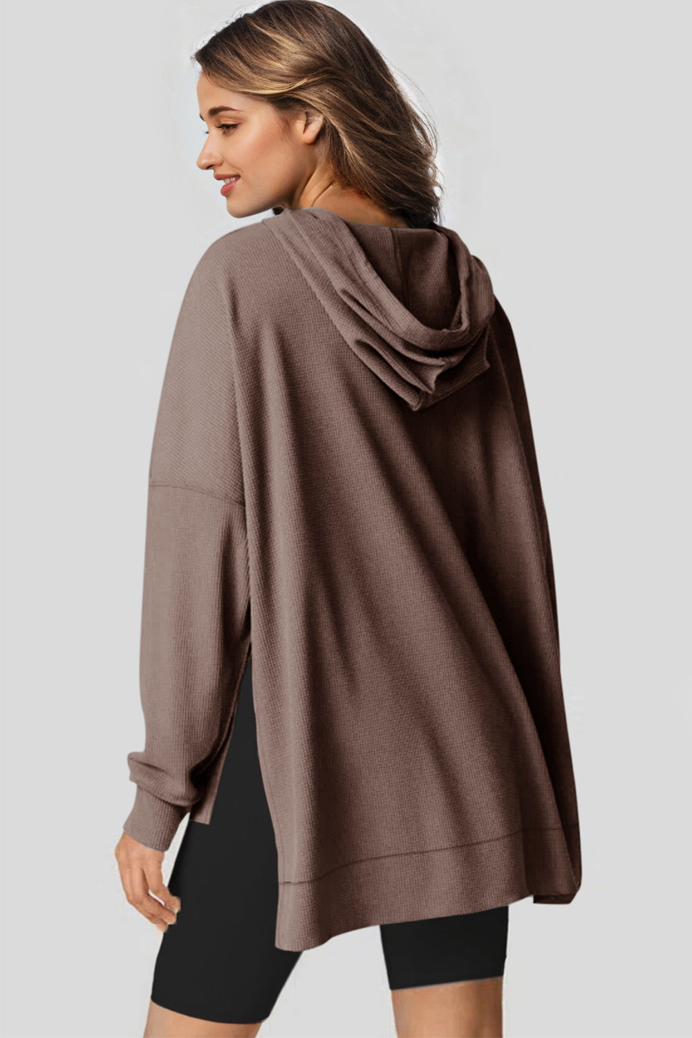 Coffee Waffle Knit High Low Oversized Hoodie