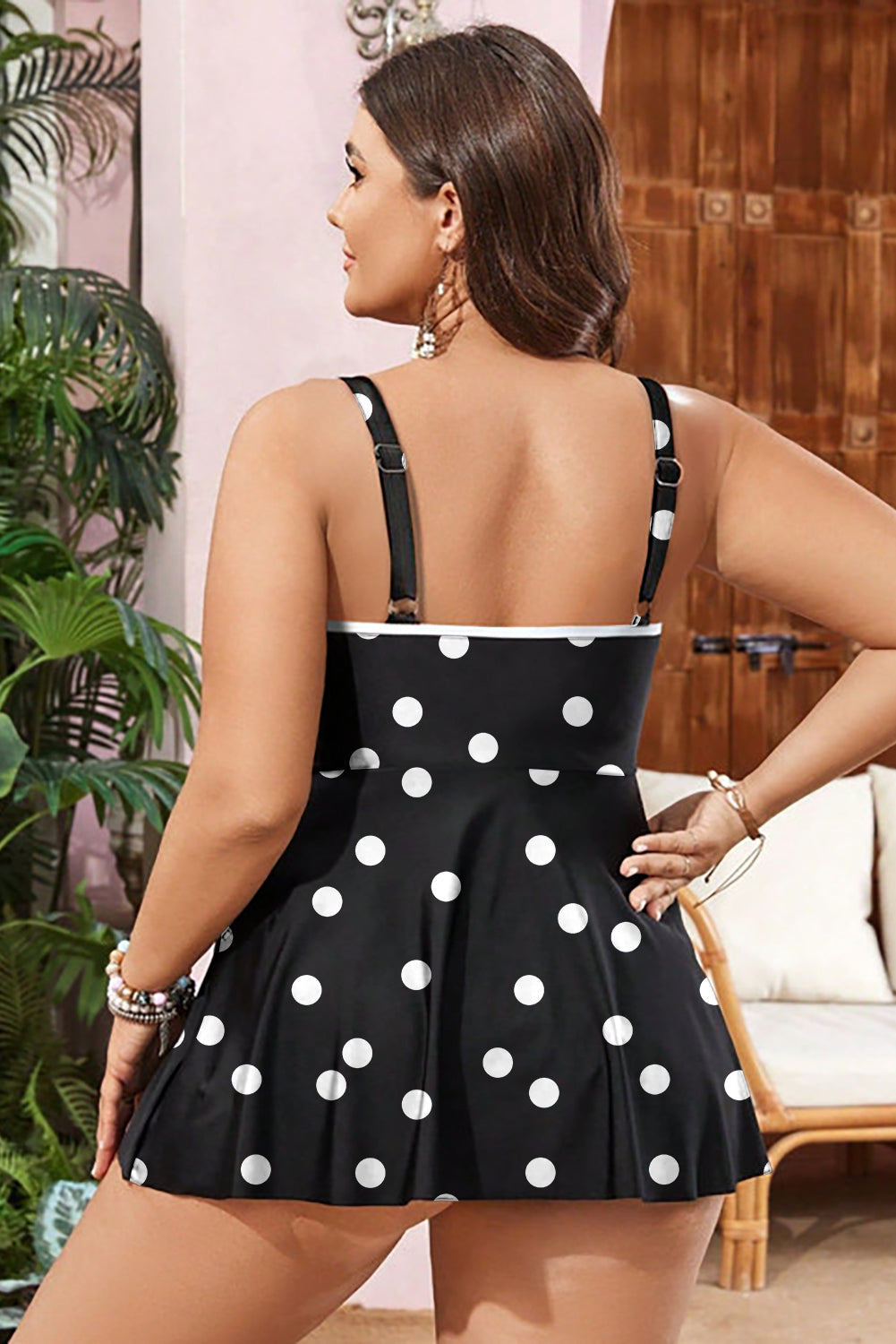 Black Polka Dot Colorblock Trim V Neck Plus Size Swim Dress